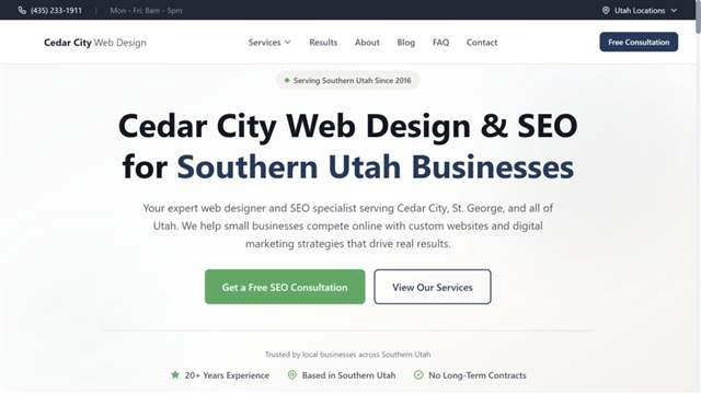 Cedar City Web Design homepage captured during the August 2026 editorial review.